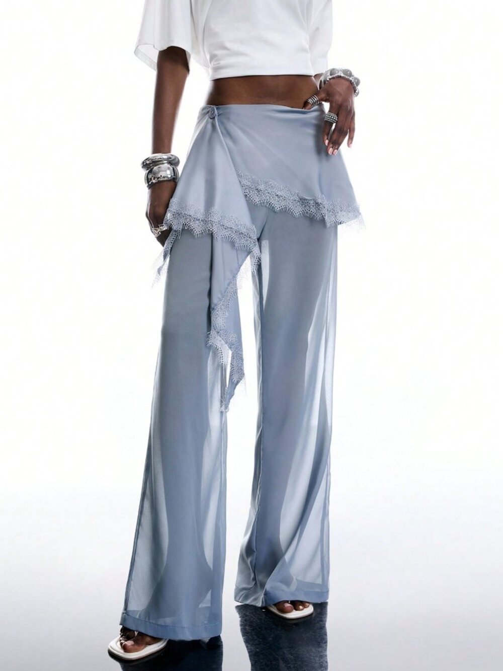 Light Grey Women's Lace Patchwork Sheer Pants - Picture 7 of 8